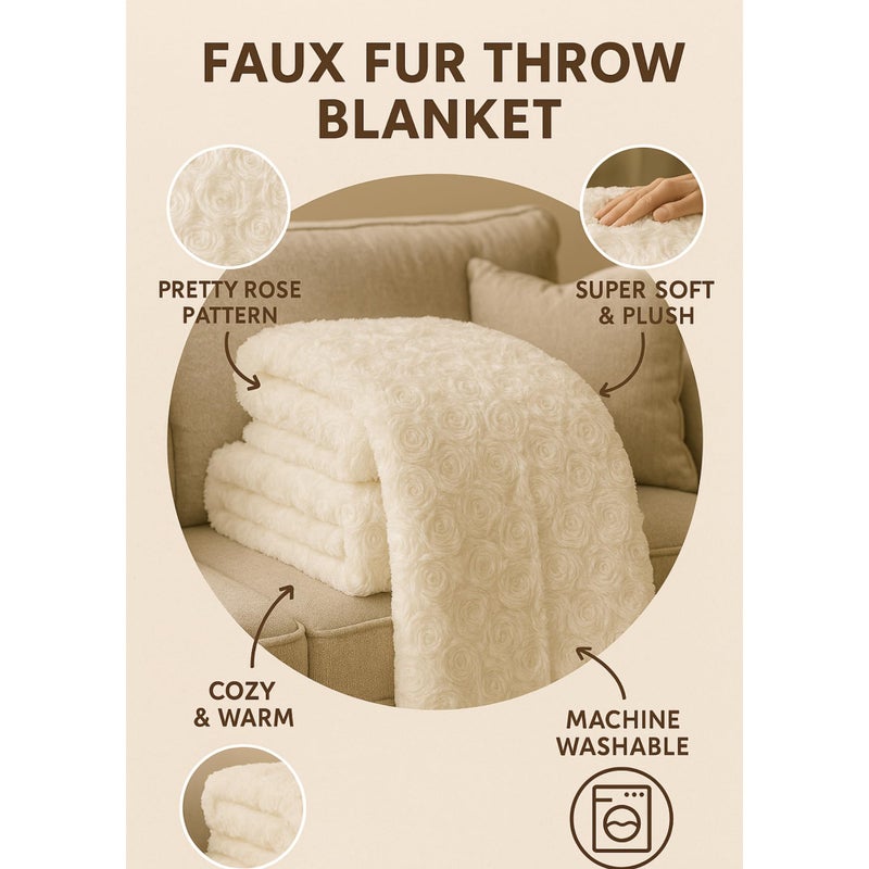 DaDa Bedding بطانية دادة الفاخرة من الورد الأبيض، ناعمة ورقيقة من الفرو الصناعي مع خلفية شيربا، بطانية سحاب سحاب - فائقة النعومة والدفء، فخمة، صلبة، مثالية للأريكة أو الكنبة أو السرير - 63" x 90" - Image 3